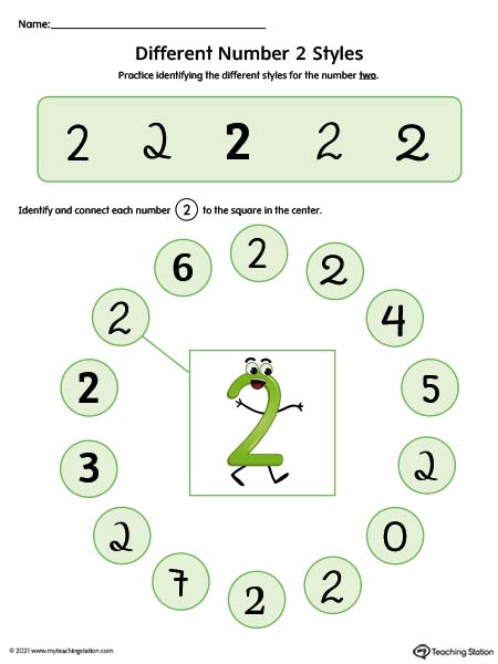 Help kids identity possible styles of the number two by understanding how numbers can have different variations. Available in color.