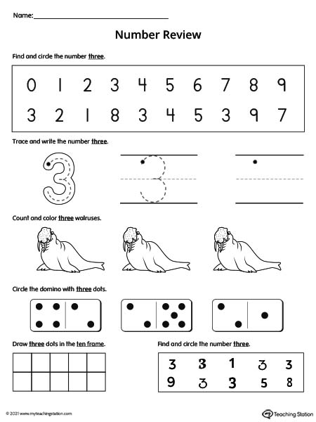 Practice number formation, tracing, counting, ten-frame number recognition, and number variation in this action-packed number 3 review worksheet.
