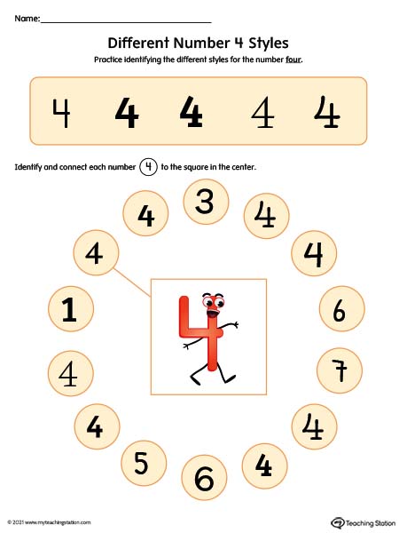 Help kids identity possible styles of the number four by understanding how numbers can have different variations. Available in color.