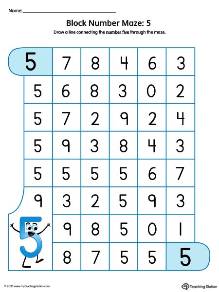 Number Maze Worksheet: 5 (Color)