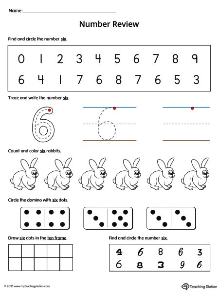 Practice number formation, tracing, counting, ten-frame number recognition, and number variation in this action-packed number 6 review worksheet. Available in color.