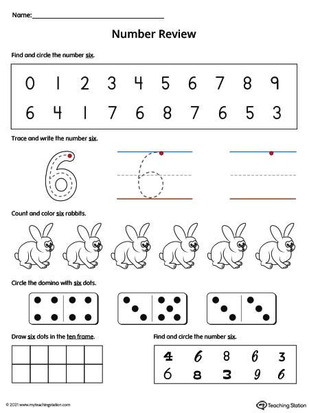 Number 6 Review Worksheet (Color)