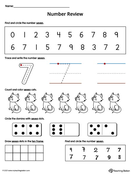 Practice number formation, tracing, counting, ten-frame number recognition, and number variation in this action-packed number 7 review worksheet. Available in color.