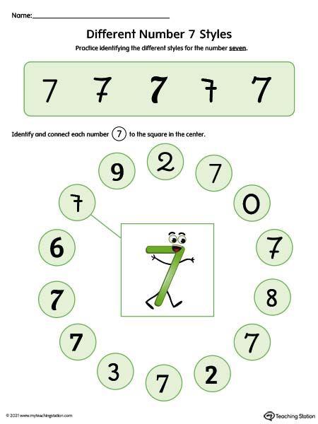 Help kids identity possible styles of the number seven by understanding how numbers can have different variations. Available in color.
