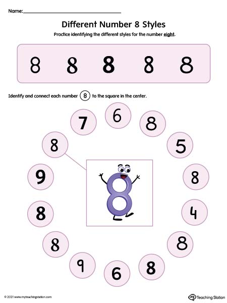 Help kids identity possible styles of the number eight by understanding how numbers can have different variations. Available in color.