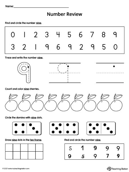 Practice number formation, tracing, counting, ten-frame number recognition, and number variation in this action-packed number 9 review worksheet.