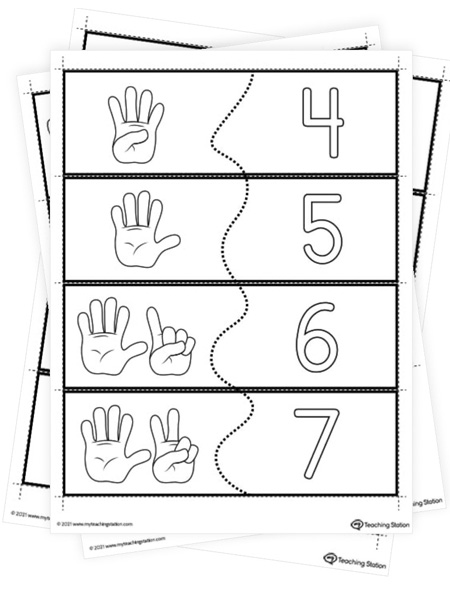 Numbers 1-10 printable puzzle featuring finger counting pictures for pre-k and kindergarteners.
