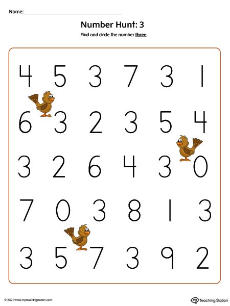 Number Recognition Worksheet: Find and Circle Number 3 (Color)