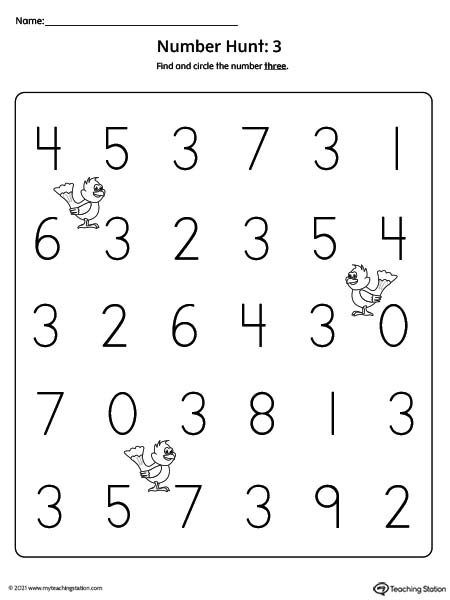 Number Recognition Worksheet: Find and Circle Number 3