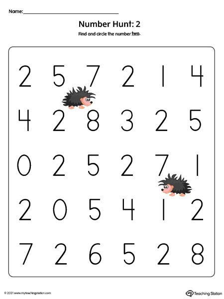 Number recognition worksheets for preschoolers. Featuring number two. Available in color.