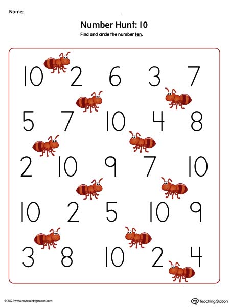 Number ten hunt printable worksheet for kids. Available in color.