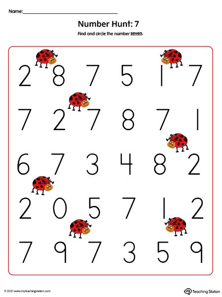 Number Recognition Worksheet: Find and Circle Number 7 (Color)