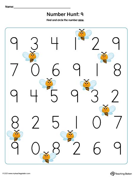 Number Recognition Worksheet: Find and Circle Number 9 (Color)