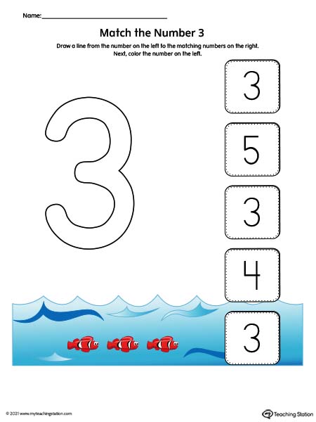 Match the Number Printable Worksheet: 3 (Color)