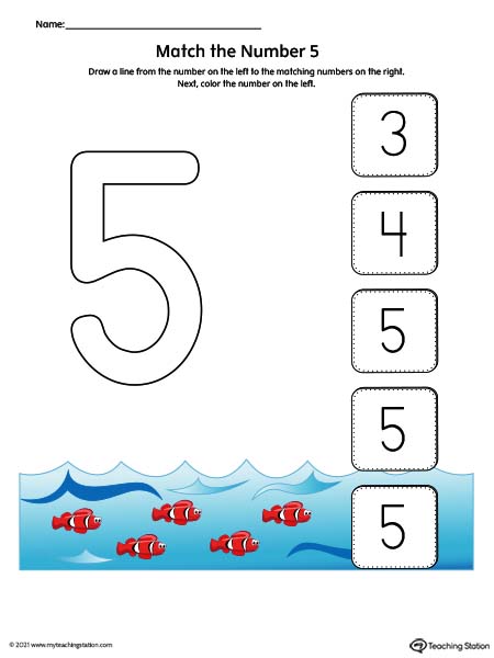 Match the Number Printable Worksheet: 5 (Color)