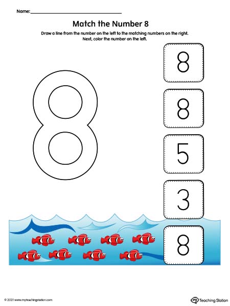 Match the Number Printable Worksheet: 8 (Color)