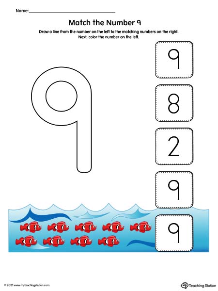 Match the Number Printable Worksheet: 9 (Color)