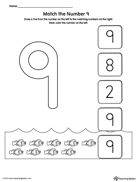 Match the Number Printable Worksheet: 9