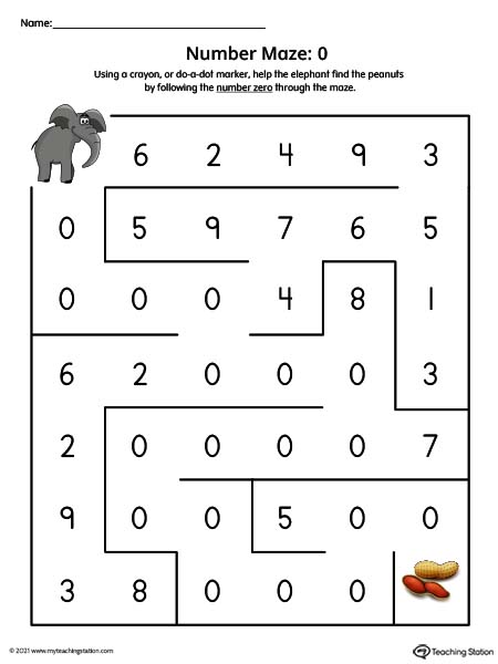 Number maze printable worksheet for kids. Featuring number zero. Available in color.