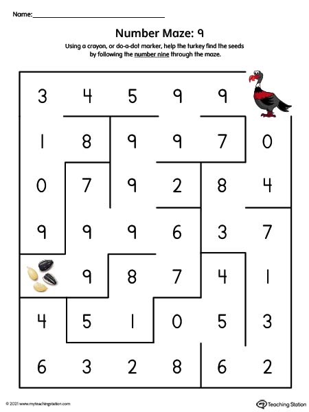 Number nine maze printable activity for preschool kids. Available in color.