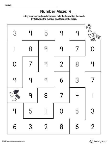 Number nine maze printable activity for preschool kids.
