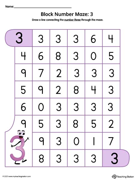 Practice number identification with this number maze printable worksheet. Featuring number 3. Available in color.