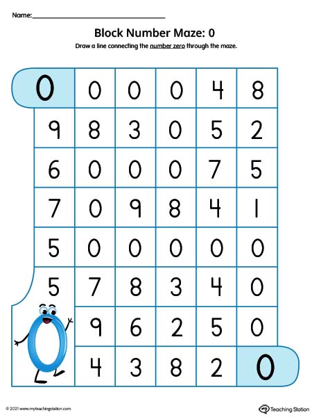 Number Maze Worksheet: 0 (Color)