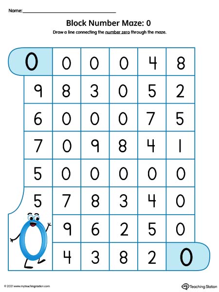 Help preschoolers practice number recognition with this number maze worksheet. Featuring number zero. Available in color.