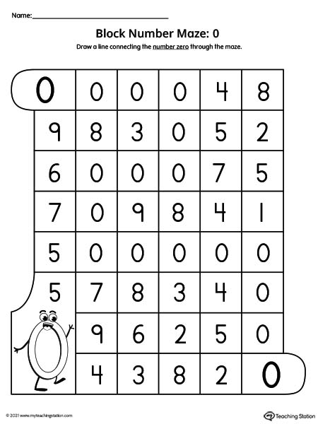 Help preschoolers practice number recognition with this number maze worksheet. Featuring number zero.