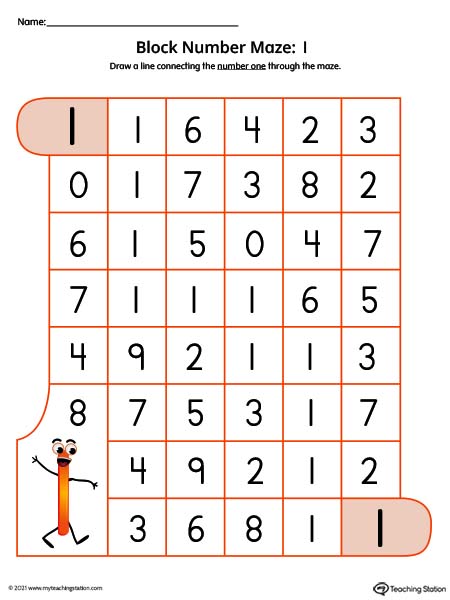 Help preschoolers practice number recognition with this number maze worksheet. Featuring number one. Available in color.