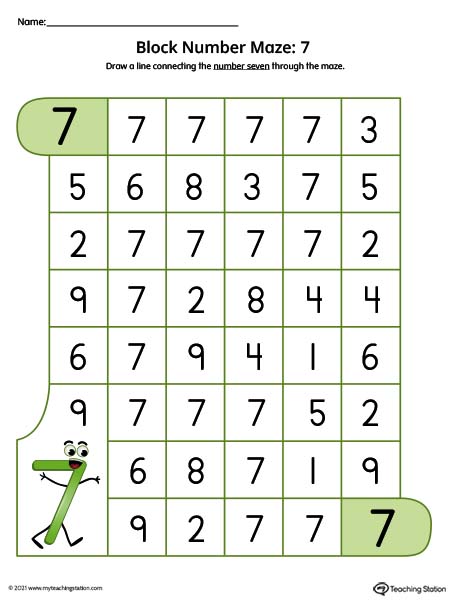 Help preschoolers practice number recognition with this number maze printable activity. Featuring number seven. Available in color.