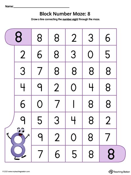 Help kids practice number recognition with this number maze worksheet. Featuring number eight. Available in color.