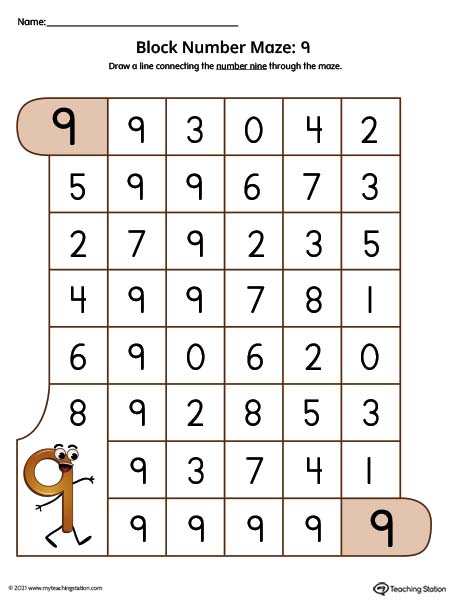 Number Maze Worksheet: 9 (Color)