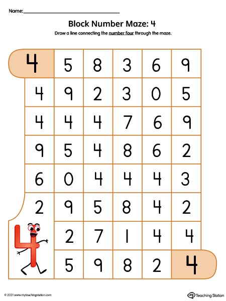 Number maze worksheet for recognizing the number. Follow the number through the maze. Available in color.