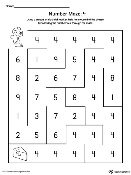 Number Maze Printable Worksheet: 4
