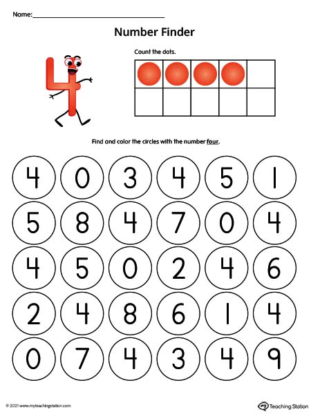 Preschool number recognition worksheets. Help kids identify their numbers by searching and coloring the number in this printable worksheet. Available in color.