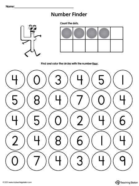 Preschool number recognition worksheets. Help kids identify their numbers by searching and coloring the number in this printable worksheet.