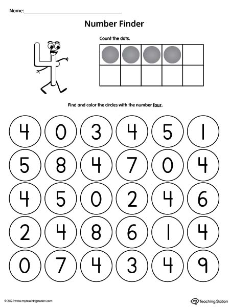 Number Recognition Worksheet: Find the Number 4