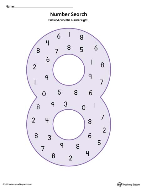 Search the number eight in this printable worksheet to help practice number recognition. Available in color.