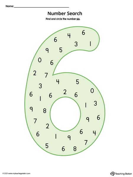 Search the number six in this printable worksheet to help practice number recognition. Available in color.