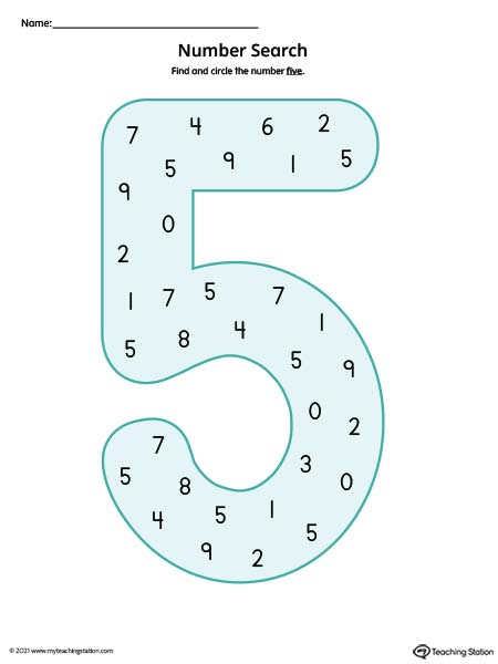 Search the number five in this printable worksheet to help practice number recognition. Available in color.