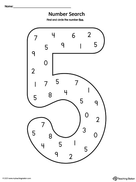 Search the number five in this printable worksheet to help practice number recognition.