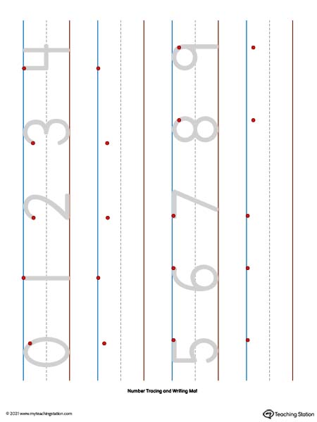 Create a re-usable number tracing mat by printing this PDF and laminating for kids to practice number formation. Available in color.