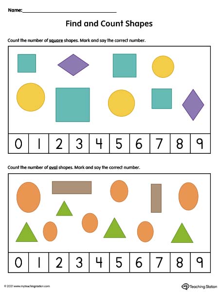 Practice identifying shapes and numbers in this printable worksheet. Available in color.