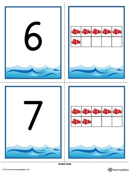 Preschool printable number cards 0-10 featuring ten-frame illustration. Pre-K teacher resources.