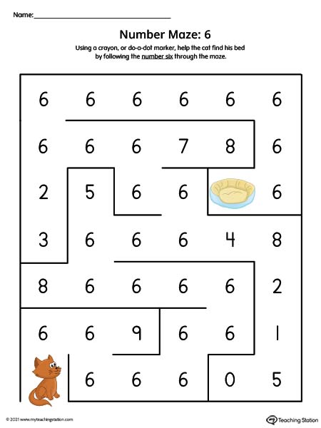 Number six maze printable activity for preschool kids. Available in color.