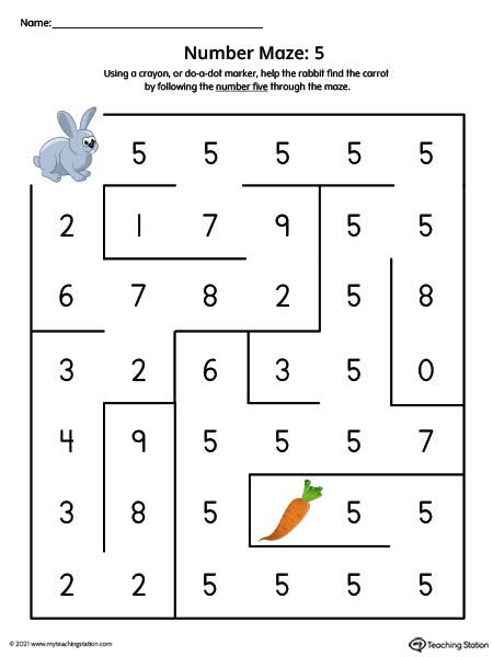 Number five maze printable activity for preschool kids. Available in color.