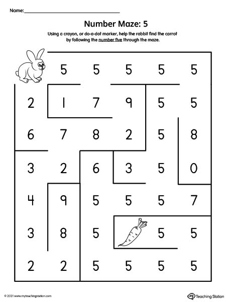 Number five maze printable activity for preschool kids.