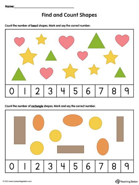 Counting shapes with this pre-k math worksheet. Available in color.