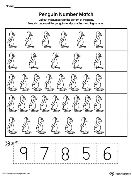 Picture number match cut and paste printable worksheet. Featuring numbers 5-9. Pre-K worksheets.